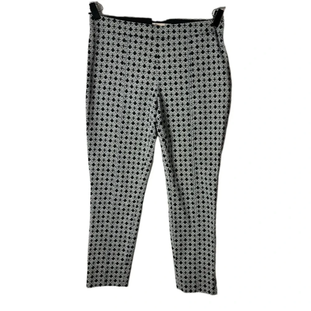Tory Burch Jacquard Pants Stretch‎ Flat Front Geometric 8 Black Gray Work Casual